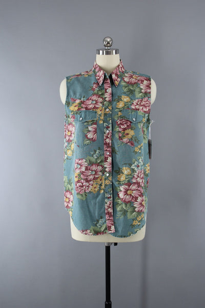 Vintage Floral Print Denim Sleeveless Western Shirt - ThisBlueBird