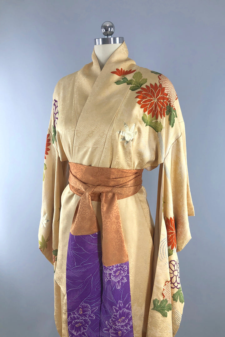 Vintage Gold &amp; Purple Floral Silk Kimono Robe-ThisBlueBird - Modern Vintage