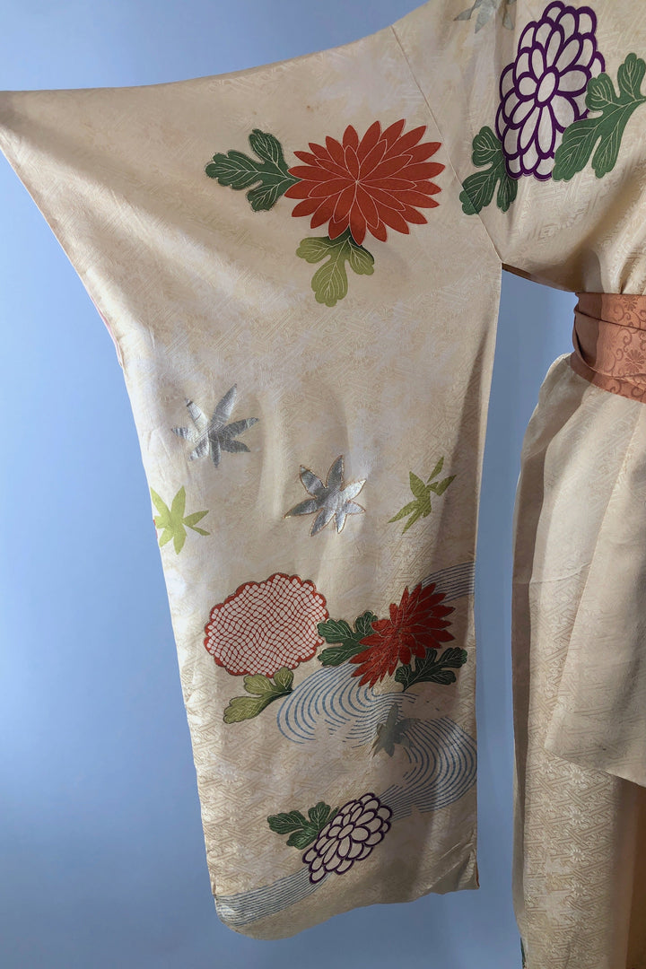 Vintage Gold &amp; Purple Floral Silk Kimono Robe-ThisBlueBird - Modern Vintage