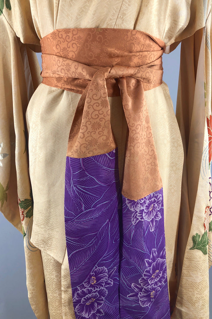 Vintage Gold &amp; Purple Floral Silk Kimono Robe-ThisBlueBird - Modern Vintage
