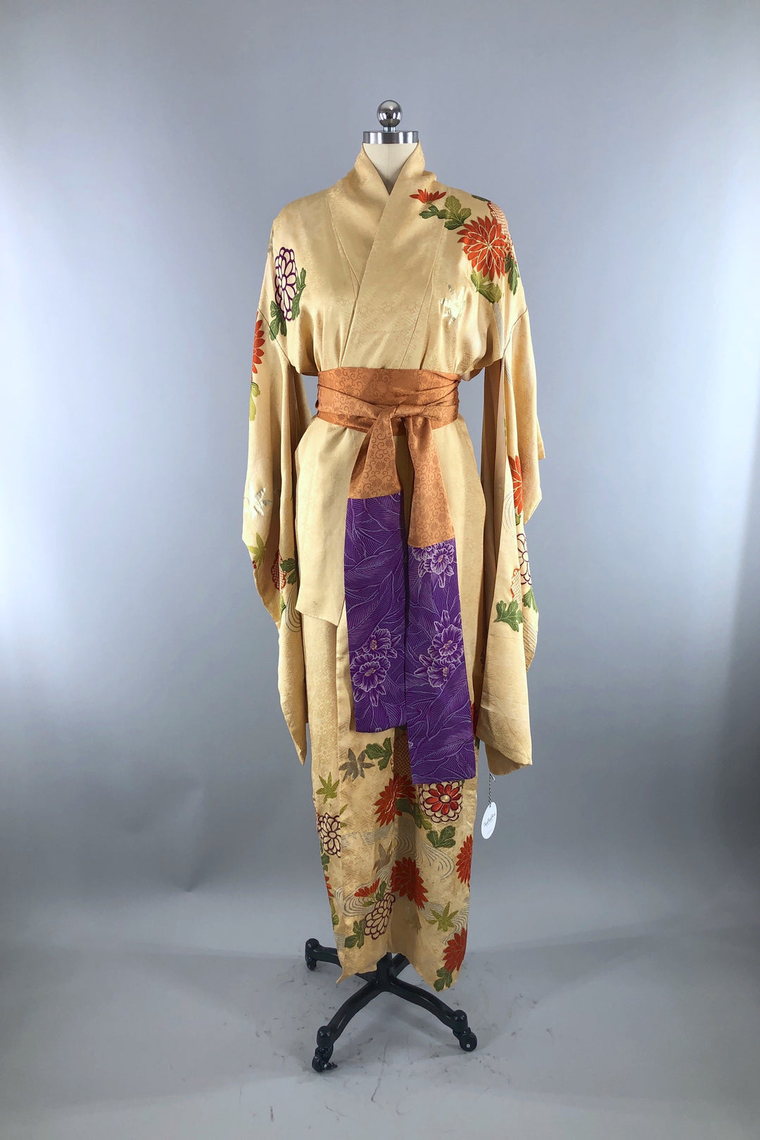Vintage Gold &amp; Purple Floral Silk Kimono Robe-ThisBlueBird - Modern Vintage