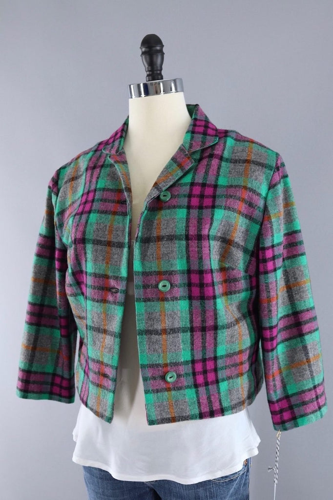 Vintage Green and Pink Plaid Wool Vest and Jacket Set - ThisBlueBird