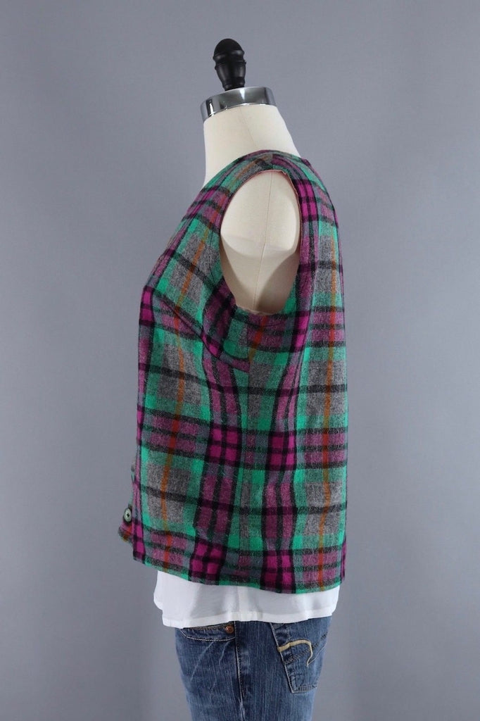 Vintage Green and Pink Plaid Wool Vest and Jacket Set - ThisBlueBird