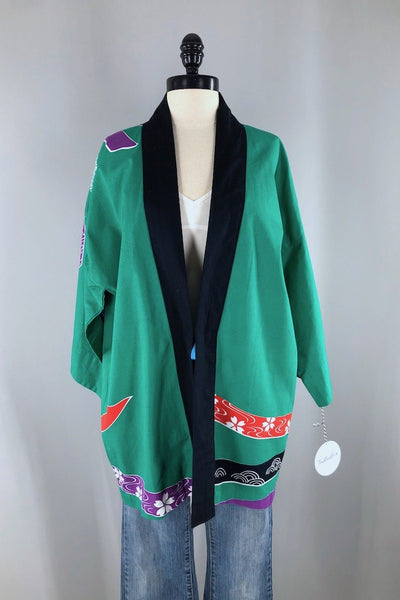 Vintage Green Cotton Happi Coat Robe-ThisBlueBird - Modern Vintage