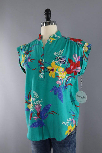 Vintage Green Floral Hawaiian Blouse - ThisBlueBird