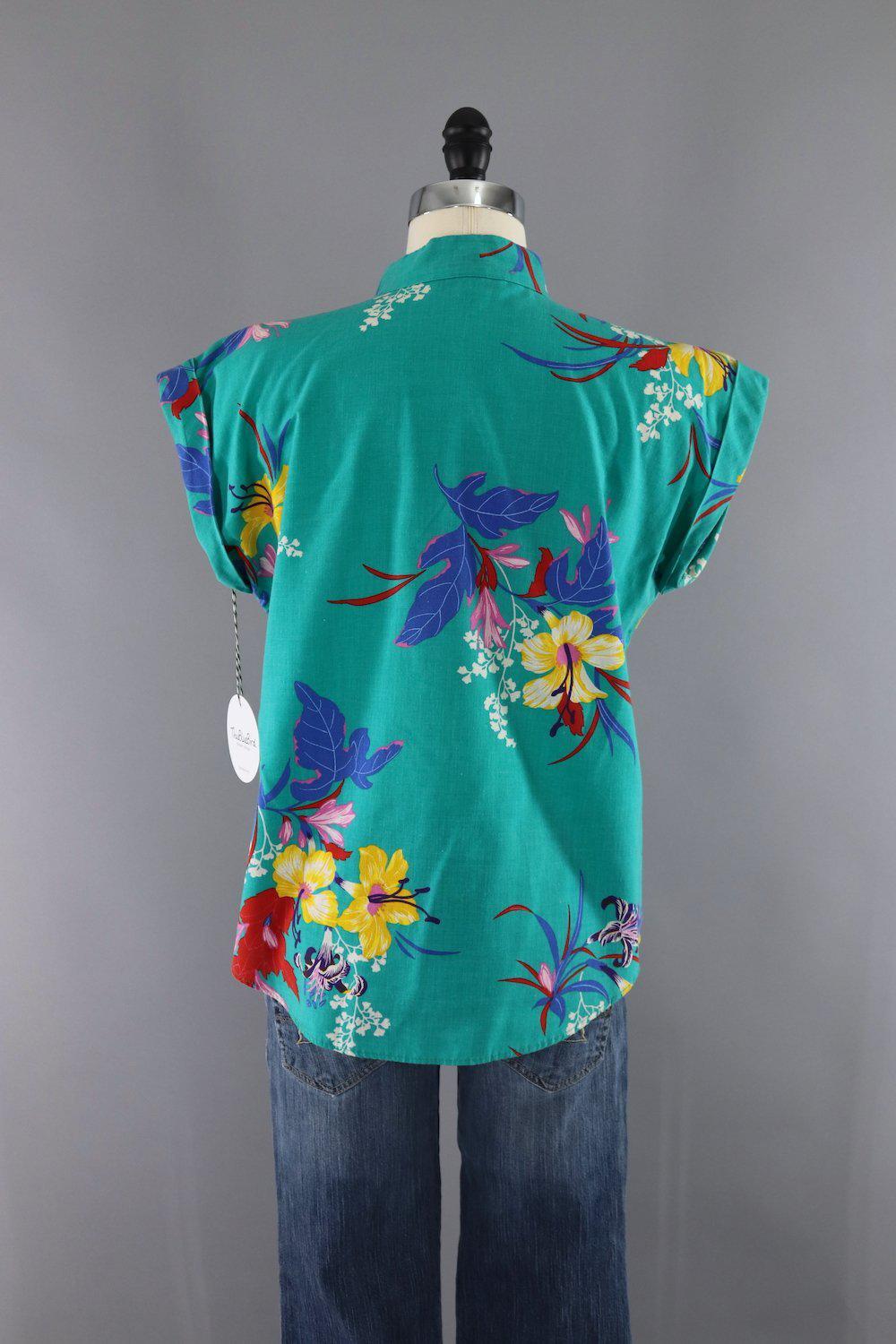 Vintage Green Floral Hawaiian Blouse - ThisBlueBird