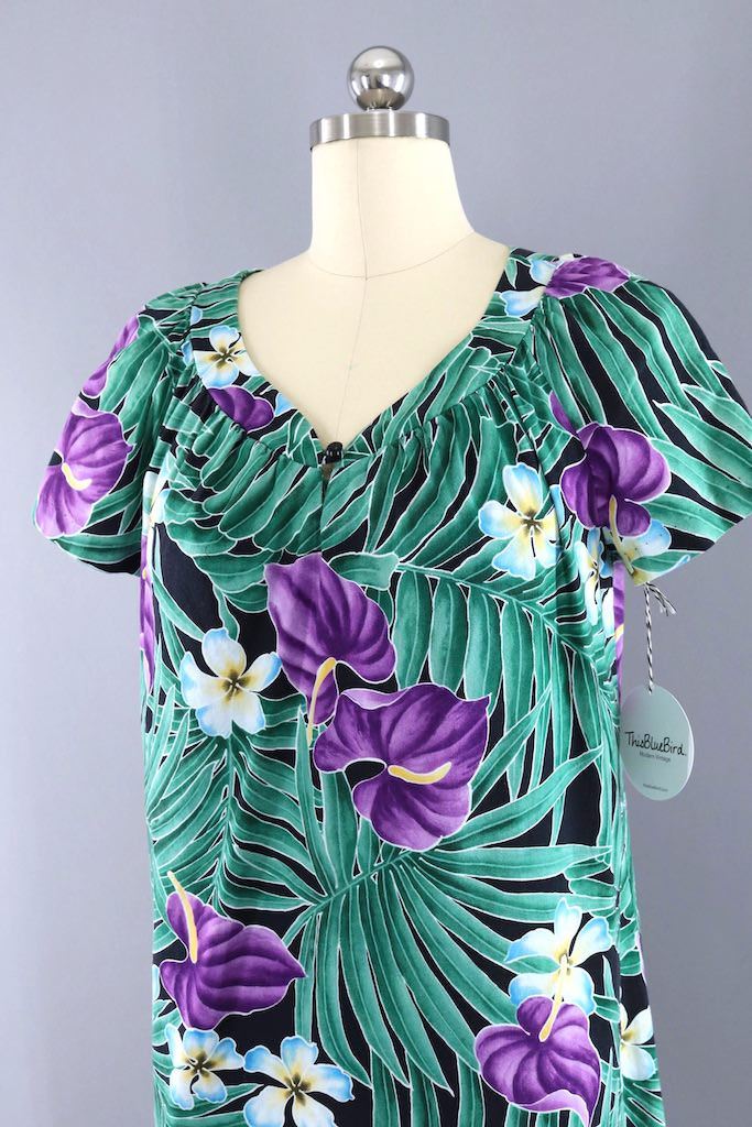 Vintage Green Hawaiian Print Aloha Caftan Dress-ThisBlueBird - Modern Vintage