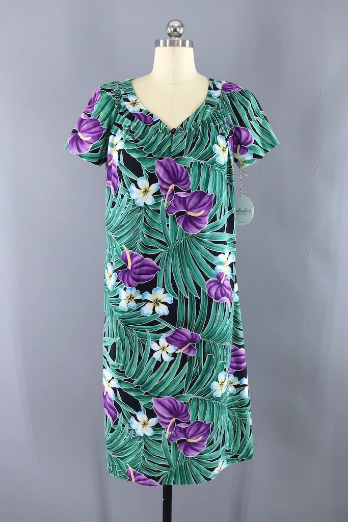 Vintage Green Hawaiian Print Aloha Caftan Dress-ThisBlueBird - Modern Vintage
