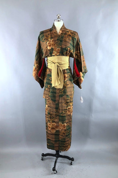 Vintage Green Ikat Floral Silk Kimono Robe-ThisBlueBird - Modern Vintage
