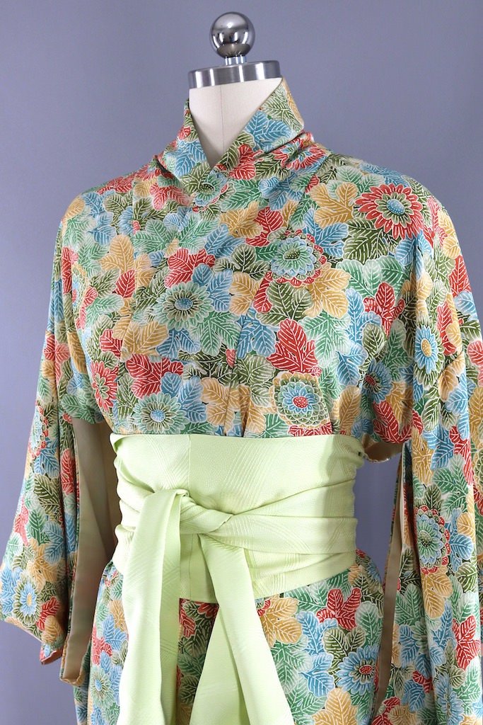 Vintage Green Terra Cotta Floral Kimono Robe-ThisBlueBird - Modern Vintage