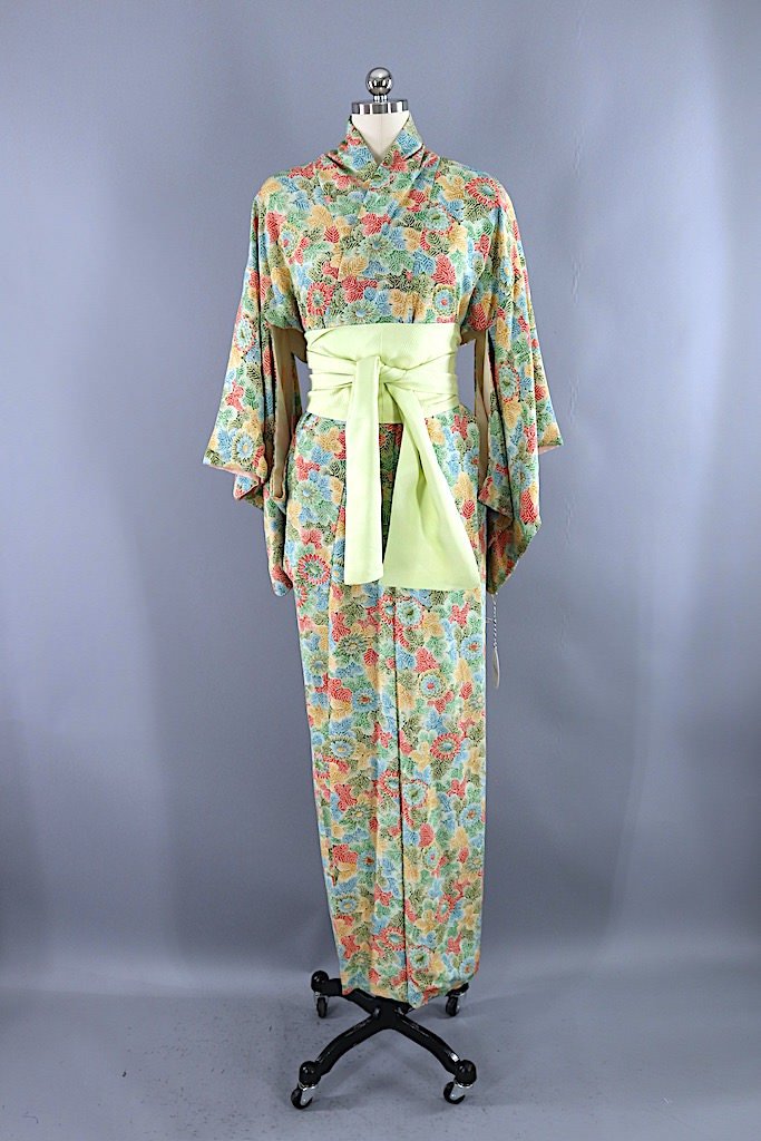 Vintage Green Terra Cotta Floral Kimono Robe-ThisBlueBird - Modern Vintage