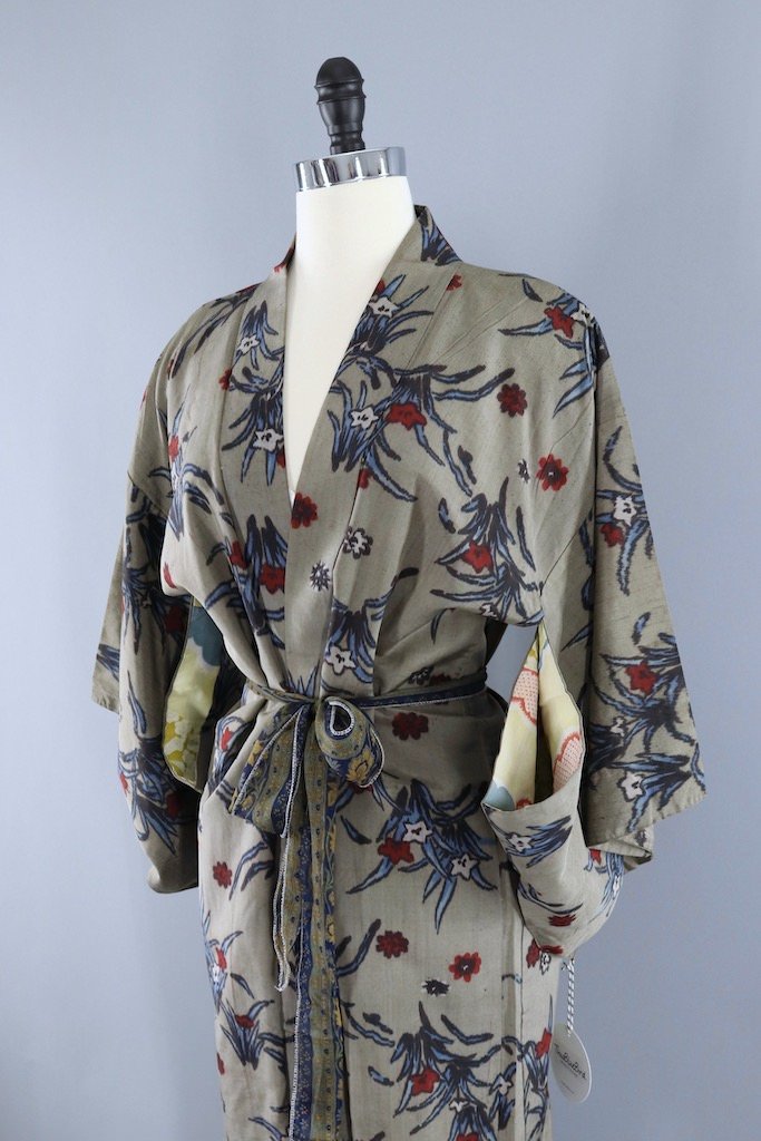 Vintage Grey Ikat Floral Kimono Cardigan-ThisBlueBird - Modern Vintage