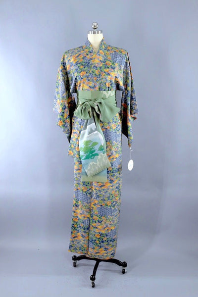 Vintage Grey & Orange Floral Geo Silk Kimono Robe-ThisBlueBird