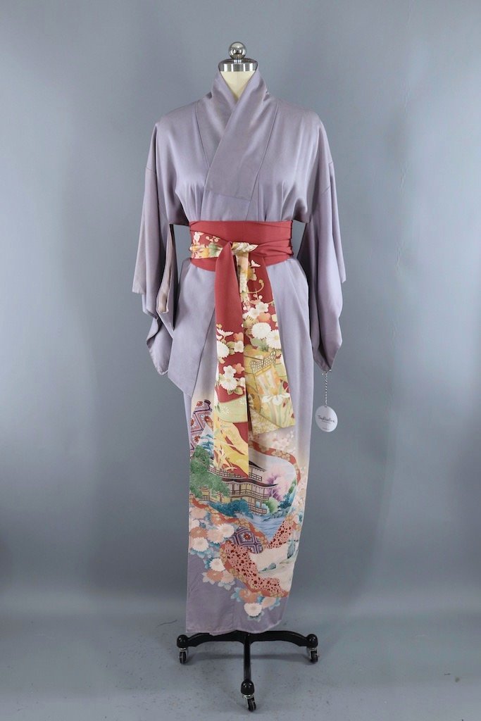 Vintage Grey Pagoda Silk Kimono ThisBlueBird