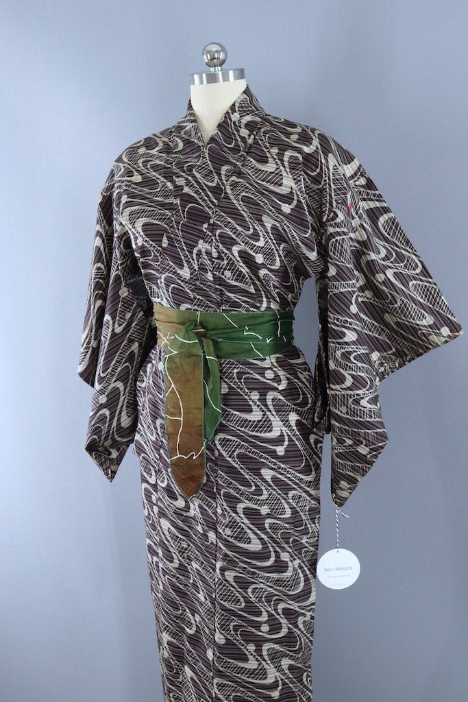 Vintage Grey Waves Silk Kimono Robe-ThisBlueBird - Modern Vintage
