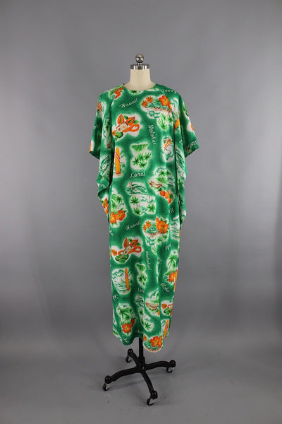 Vintage Hawaiian Print Caftan Dress / Angel Sleeves - ThisBlueBird