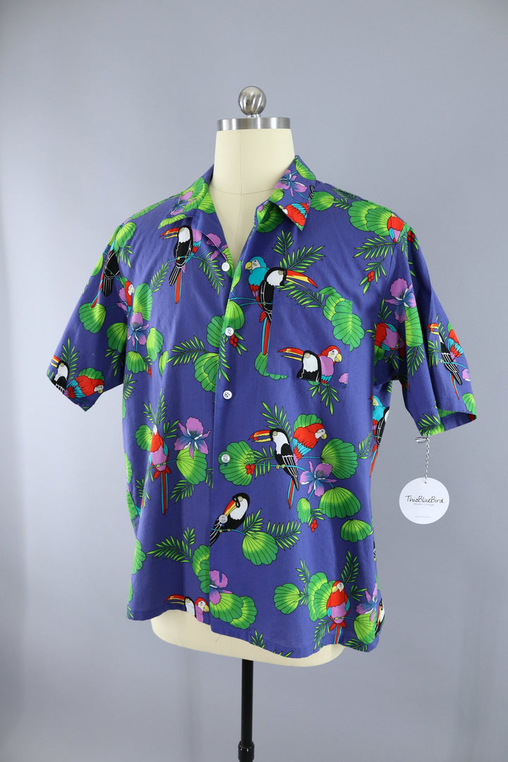 Vintage Hawaiian Shirt / Purple Blue Toucan Birds &amp; Palm Trees - ThisBlueBird