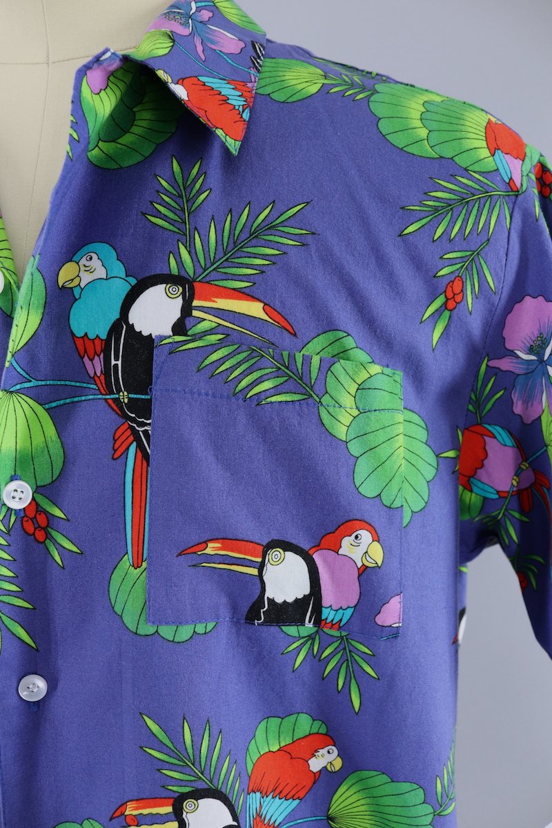 Vintage Hawaiian Shirt / Purple Blue Toucan Birds &amp; Palm Trees - ThisBlueBird