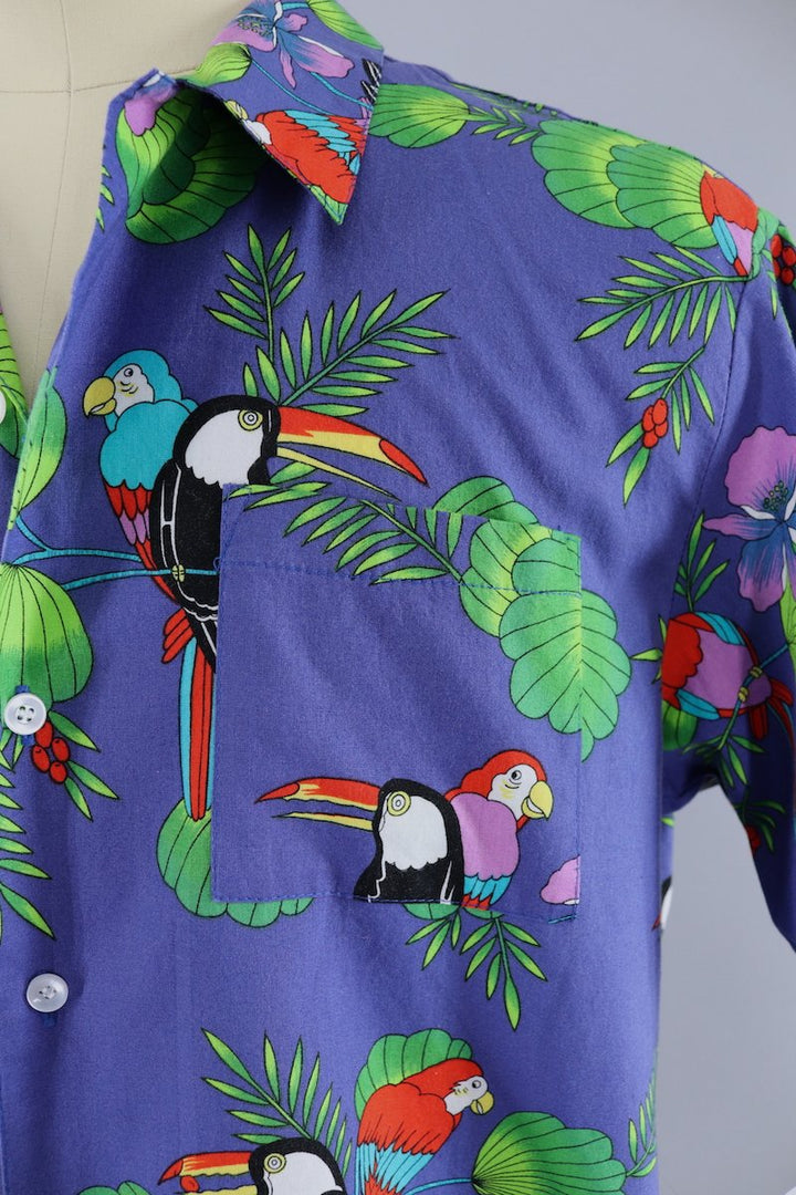 Vintage Hawaiian Shirt / Purple Blue Toucan Birds &amp; Palm Trees - ThisBlueBird
