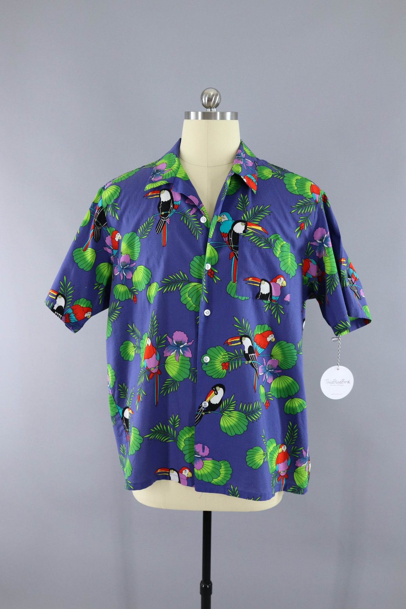 Vintage Hawaiian Shirt / Purple Blue Toucan Birds & Palm Trees - ThisBlueBird