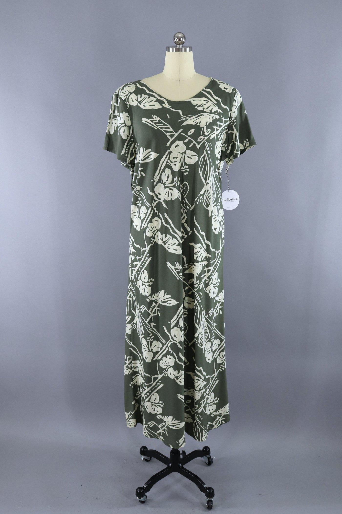Vintage Hilo Hatti Olive Army Green Floral Hawaiian Print Maxi Dress - ThisBlueBird