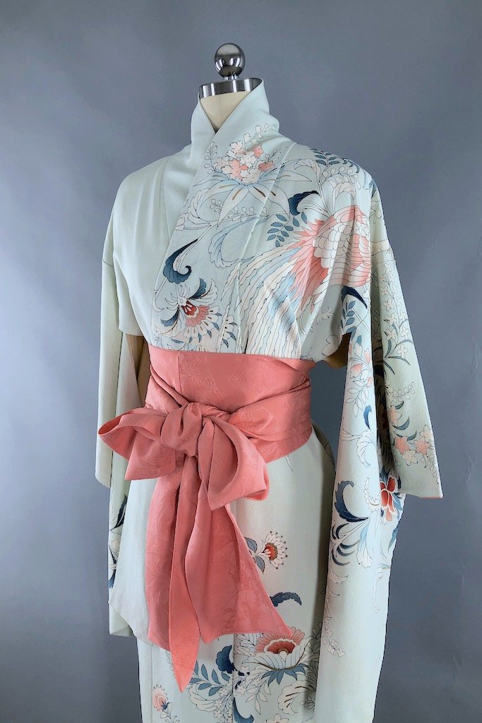 Vintage Ice Blue Phoenix Silk Kimono Robe-ThisBlueBird - Modern Vintage