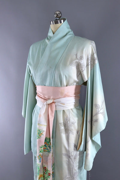 Vintage Ice Blue Silk Kimono Robe with Pink and Silver Urushi Embroidered Flowers - ThisBlueBird