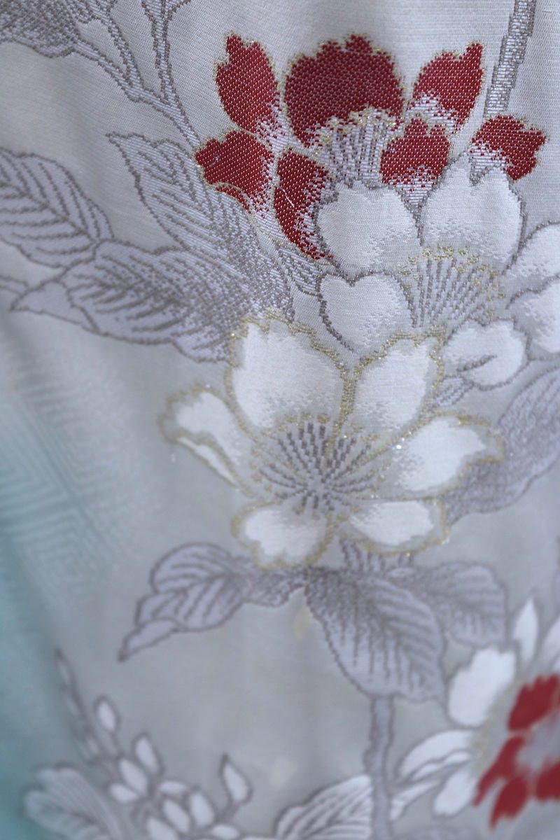 Vintage Ice Blue Silk Kimono Robe with Pink and Silver Urushi Embroidered Flowers - ThisBlueBird