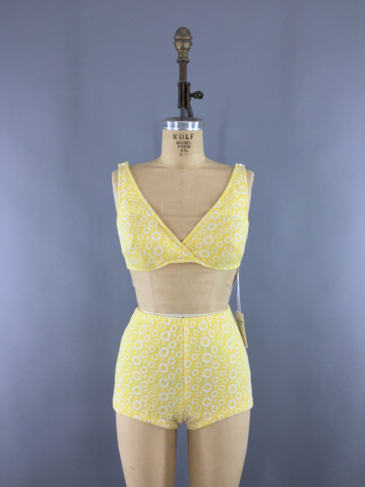 Vintage Itsy Bitsy Teeny Weeny Yellow Polka Dot Bikini Swimsuit / 1960s Swim Suit - ThisBlueBird
