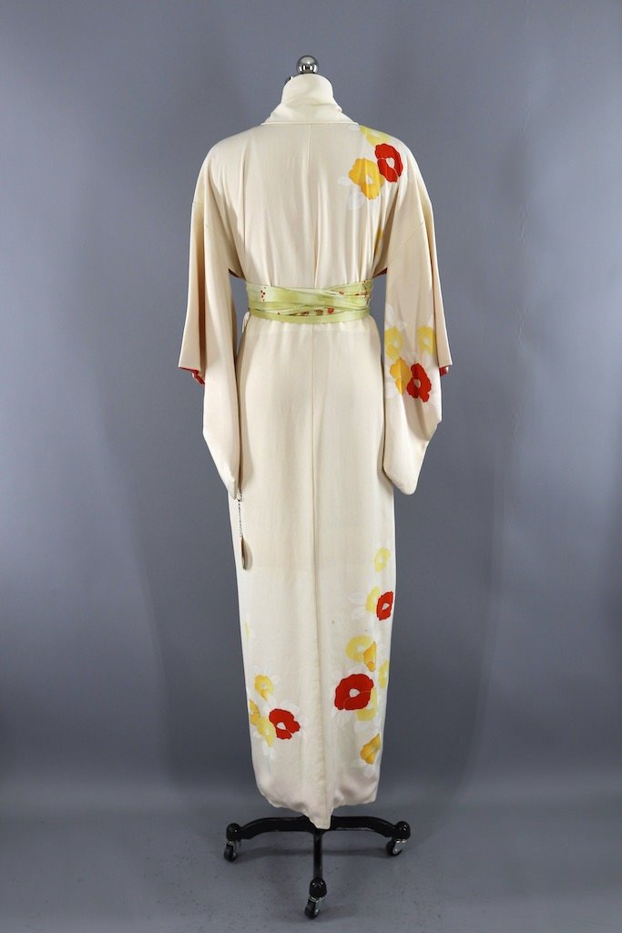 Vintage Ivory and Red Floral Silk Kimono Robe-ThisBlueBird - Modern Vintage