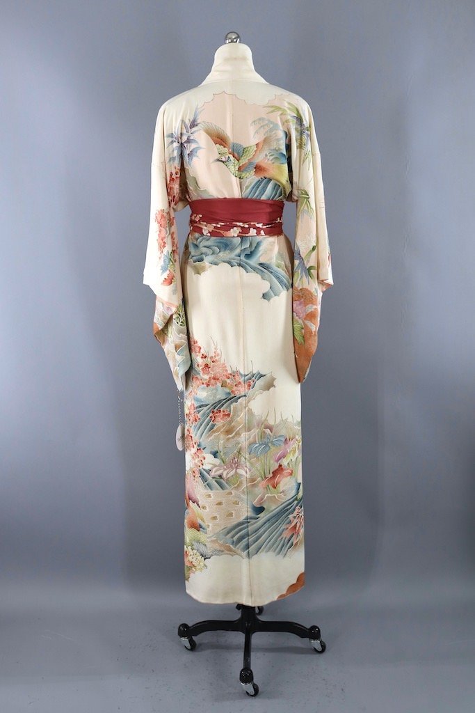 Vintage Ivory Birds Silk Kimono Robe ThisBlueBird