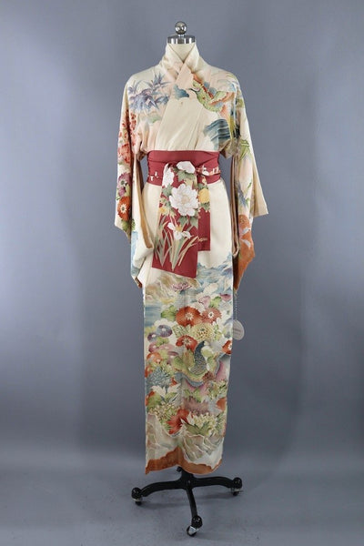 Vintage Ivory Birds Silk Kimono Robe ThisBlueBird