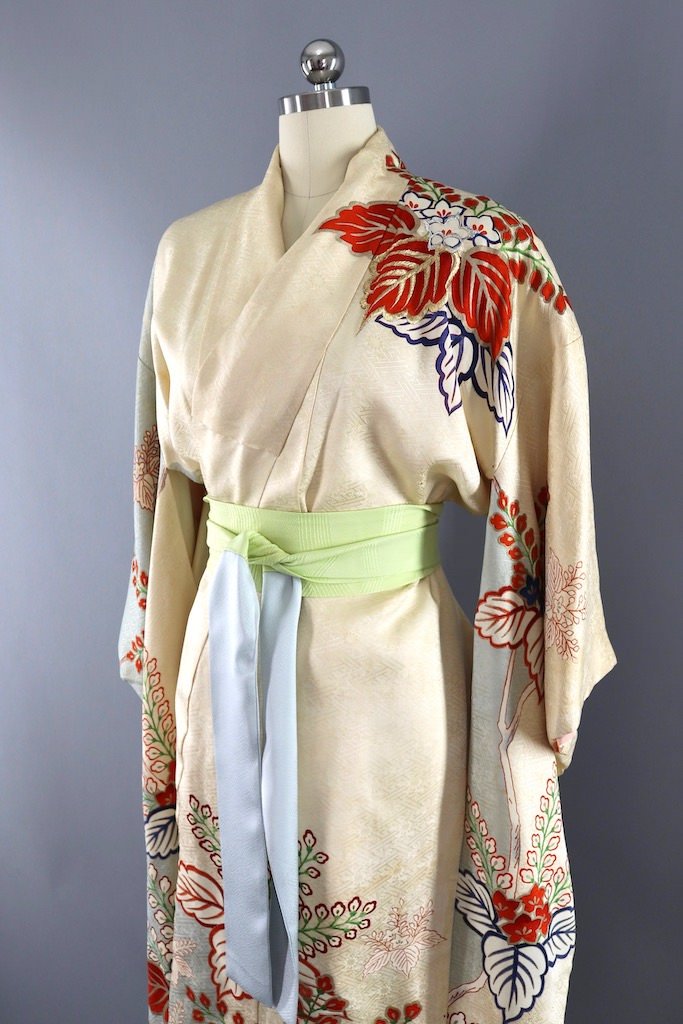 Vintage Ivory & Blue Embroidered Silk Kimono-ThisBlueBird - Modern Vintage