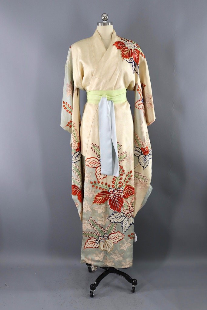 Vintage Ivory & Blue Embroidered Silk Kimono-ThisBlueBird - Modern Vintage
