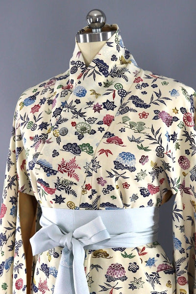 Vintage Ivory & Blue Floral Print Silk Kimono-ThisBlueBird - Modern Vintage