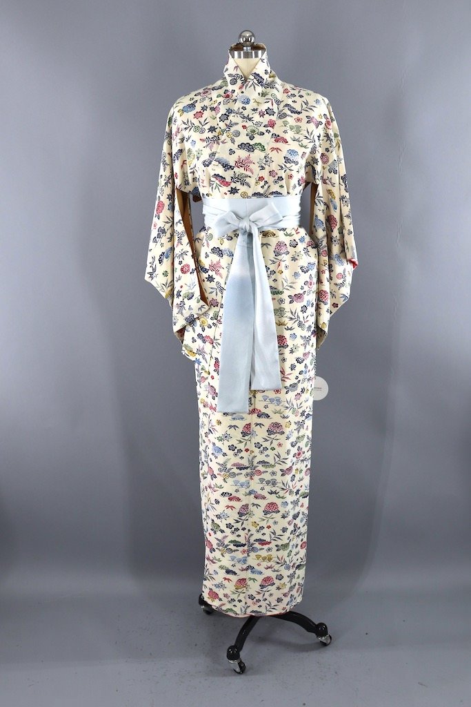 Vintage Ivory & Blue Floral Print Silk Kimono-ThisBlueBird - Modern Vintage