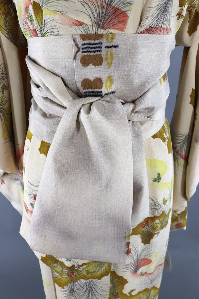 Vintage Ivory Butterflies Silk Kimono Robe-ThisBlueBird - Modern Vintage