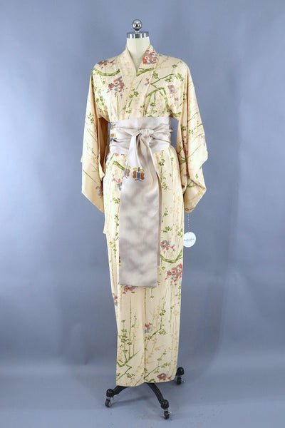 Vintage Ivory Cherry Blossom Silk Kimono Robe-ThisBlueBird - Modern Vintage