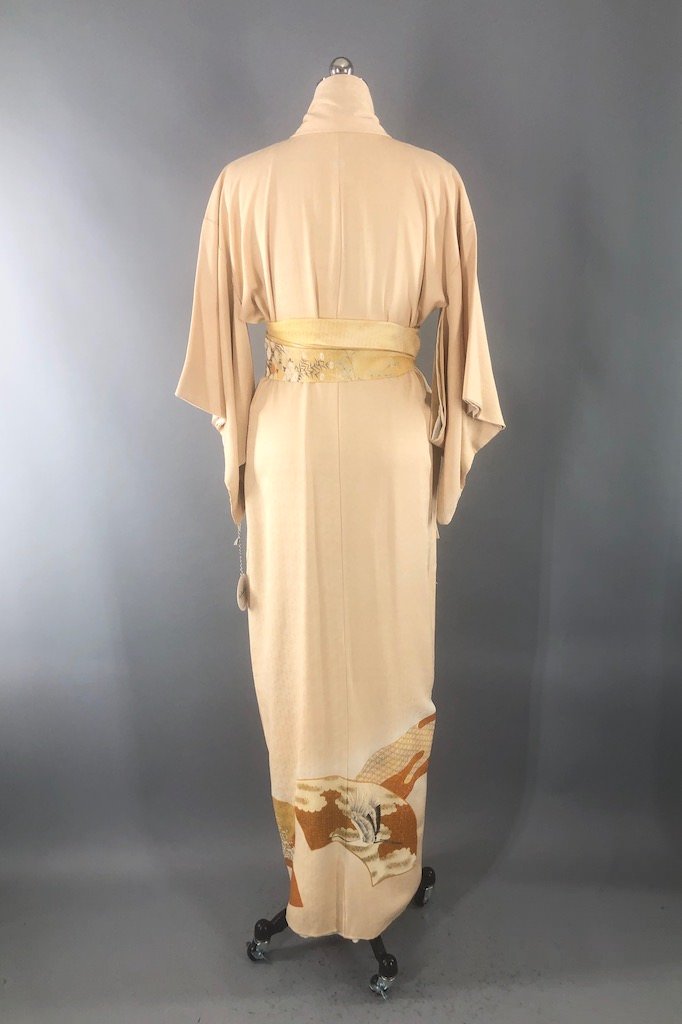 Vintage Ivory Cranes Double Silk Kimono Robe-ThisBlueBird - Modern Vintage