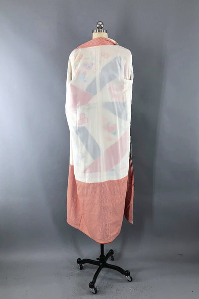 Vintage Ivory Cranes Doubled Lined Silk Kimono Robe-ThisBlueBird - Modern Vintage