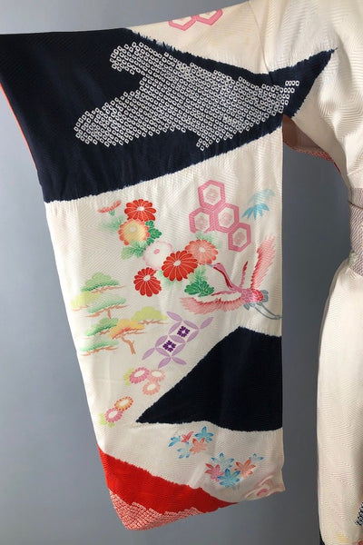 Vintage Ivory Cranes Doubled Lined Silk Kimono Robe-ThisBlueBird - Modern Vintage