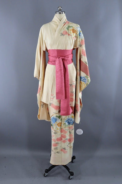 Vintage Ivory Embroidered Floral Silk Kimono-ThisBlueBird - Modern Vintage