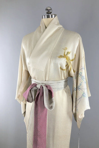 Vintage Ivory Embroidered Phoenix Silk Kimono-ThisBlueBird - Modern Vintage