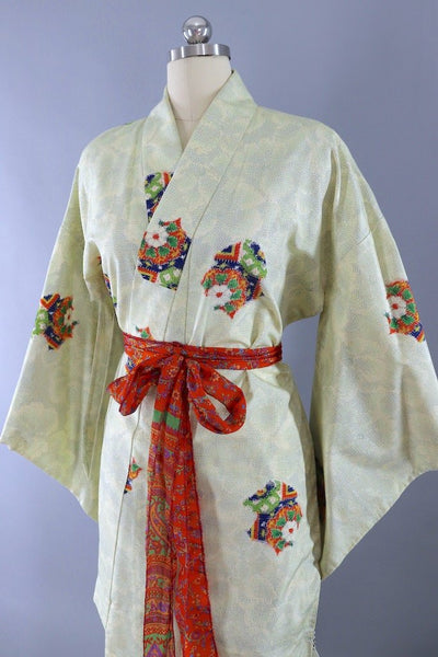 Vintage Ivory Floral Ikat Silk Kimono Robe-ThisBlueBird - Modern Vintage