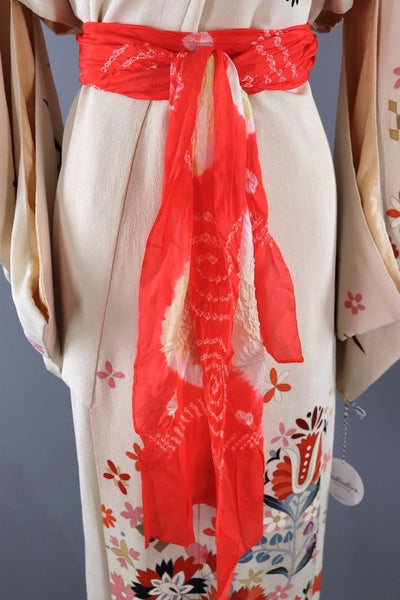 Vintage Ivory Floral Print Silk Kimono Robe ThisBlueBird