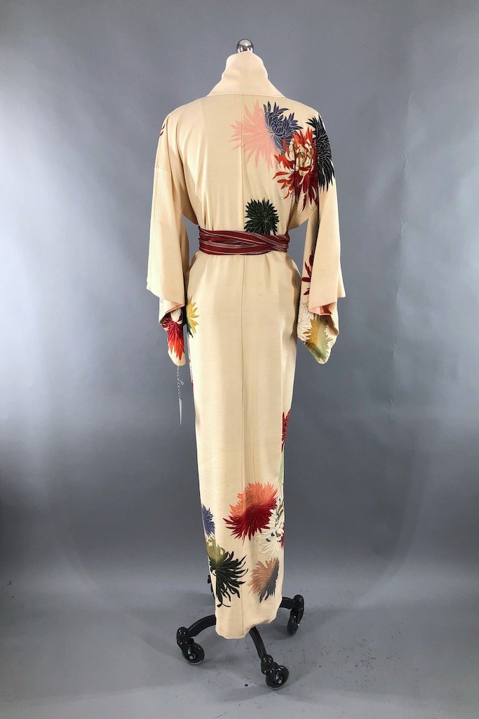 Vintage Ivory Gold Chrysanthemum Silk Kimono Robe-ThisBlueBird - Modern Vintage