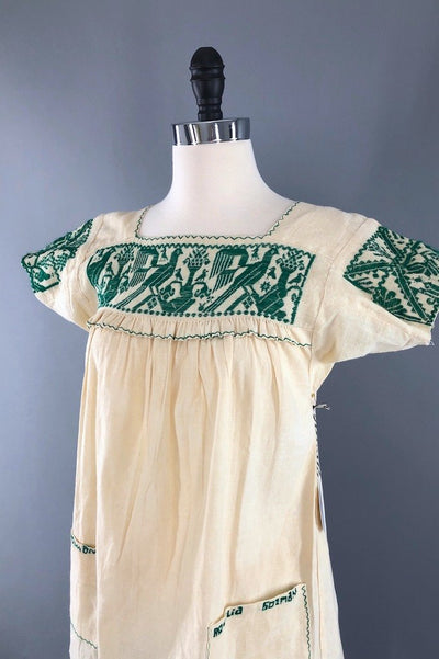 Vintage Ivory & Green Embroidered Tunic Blouse-ThisBlueBird - Modern Vintage