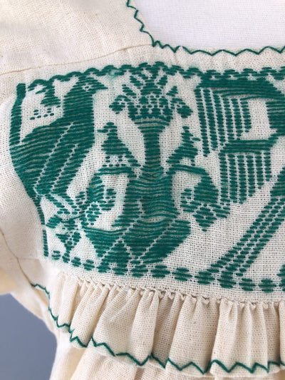 Vintage Ivory & Green Embroidered Tunic Blouse-ThisBlueBird - Modern Vintage