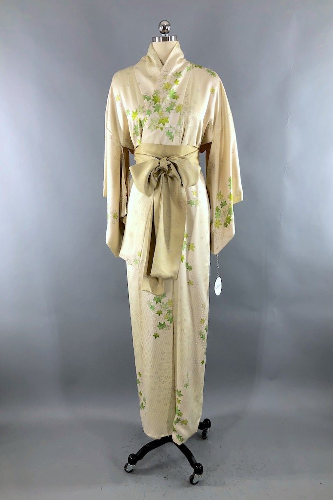 Vintage Ivory & Green Maple Leaf Silk Kimono Robe-ThisBlueBird - Modern Vintage