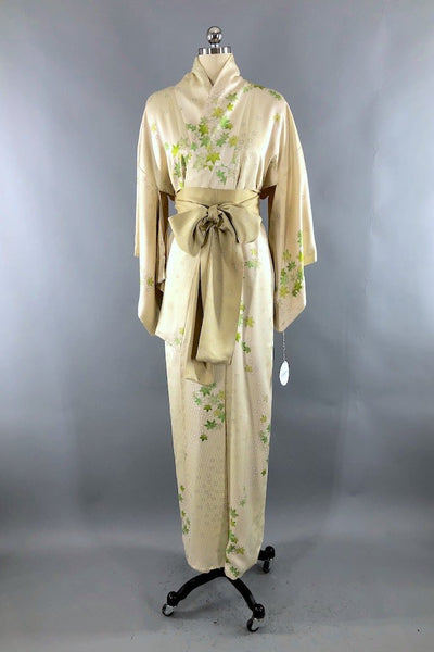 Vintage Ivory & Green Maple Leaf Silk Kimono Robe-ThisBlueBird - Modern Vintage